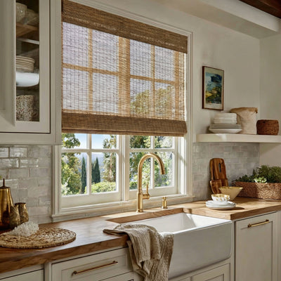 Sulugood Natural Cordless Light Filtering Bamboo Roman Shades in a modern kitchen window.