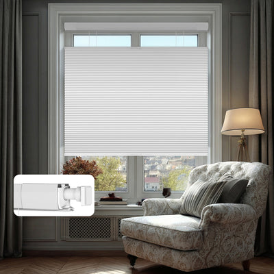 Sulugood No Drill Cordless Top-Down Bottom-Up Easy Install Cellular Shades in a stylish living room setting.