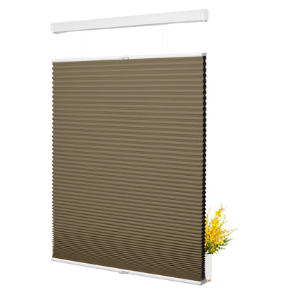 Sulugood Top-Down Bottom-Up Same Color With Casing Cellular Shade in brown with decorative plant.