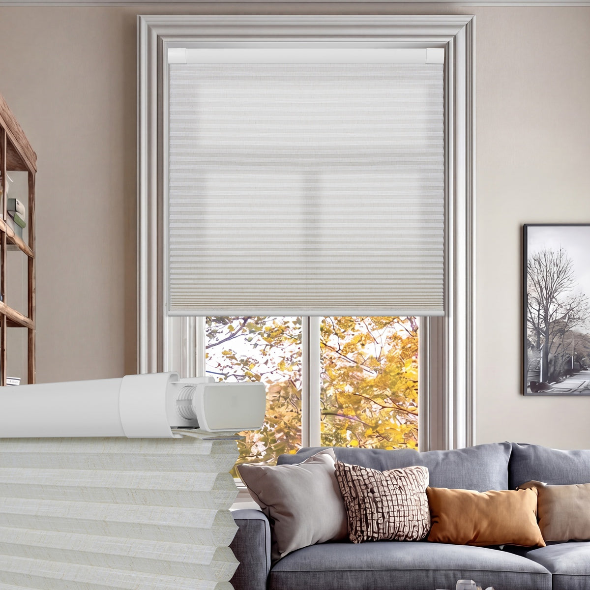 Sulugood No Drill Honeycomb Shades Premium New Linen Texture Light Filtering Beige