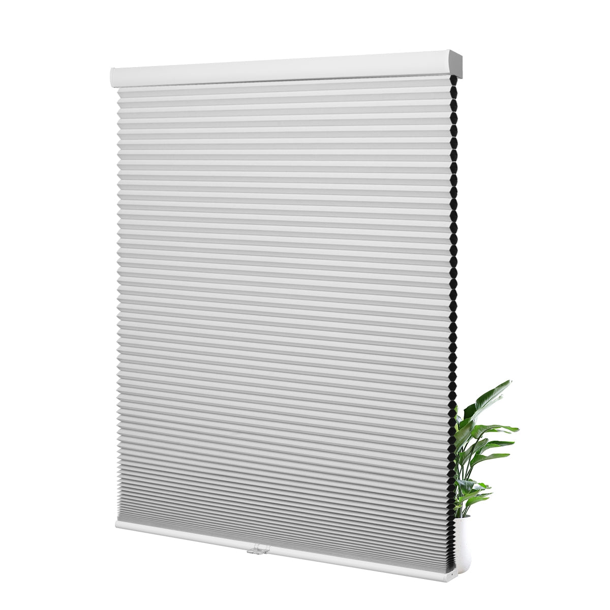 Sulugood Classic Cordless Adjustable Blackout Light Filtering Cellular Shade in white with a plant at the bottom.
