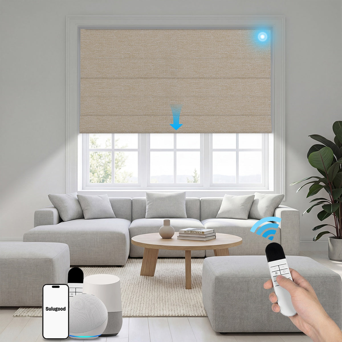 Sulugood Smart Motorized Blackout Light Filterling Roman Shades with wireless remote control in a modern living room