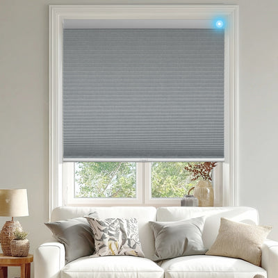 Sulugood New Arrival Premium Cell In Cell Motorized Standard Honeycomb Blinds installed in a modern living room window.