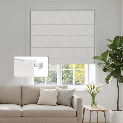 Sulugood No Drill Cordless Roman Shades Easy Installation for Windows in a stylish living room setting.