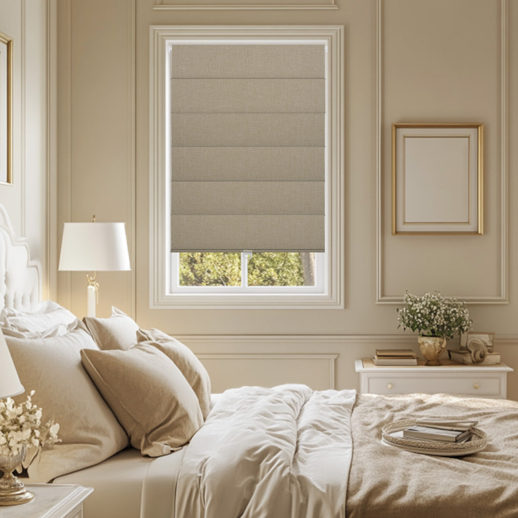 Sulugood No Drill Linen Fabric Cordless Roman Shades in a beautifully styled bedroom window.