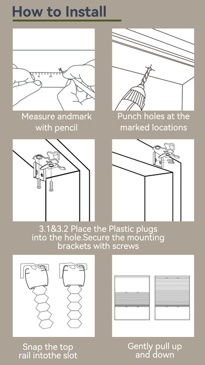 Step-by-step diagram showing how to install window blinds with measuring, drilling, mounting brackets, snapping rail, and adjusting blinds