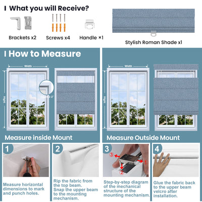 Sulugood Cordless Top Down Bottom up Roman Shades installation guide showing brackets, screws, and measurement instructions.