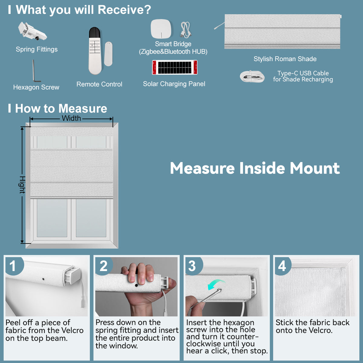 Sulugood No Drill Top Down Bottom Up Motorized Roman Shades