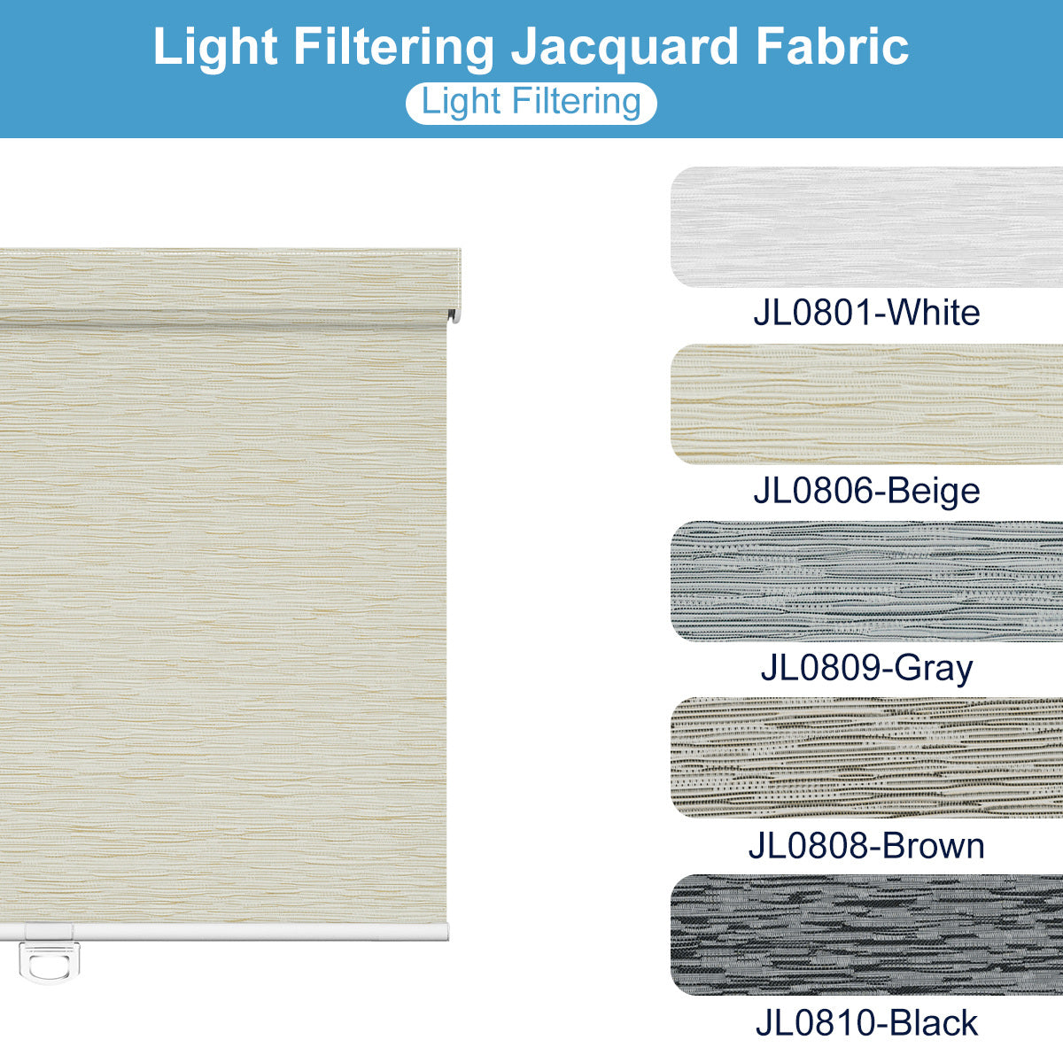 Light filtering jacquard fabric roller blinds in white, beige, gray, brown, and black colors