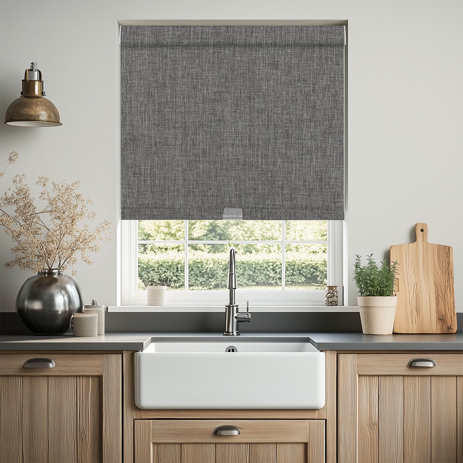 Sulugood Linen Double-sided Same Color Cordless Blackout Roller Shades in a modern kitchen setting.