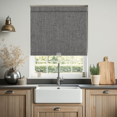 Sulugood Linen Double-sided Same Color Cordless Blackout Roller Shades in a modern kitchen setting.