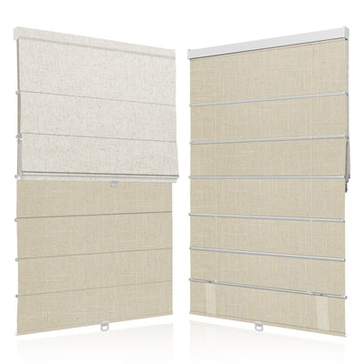 Sulugood Premium Cordless Double Layer Light Control Roman Shades in light beige fabric.