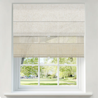 Sulugood Premium Cordless Double Layer Light Control Roman Shades in a bright window setting.