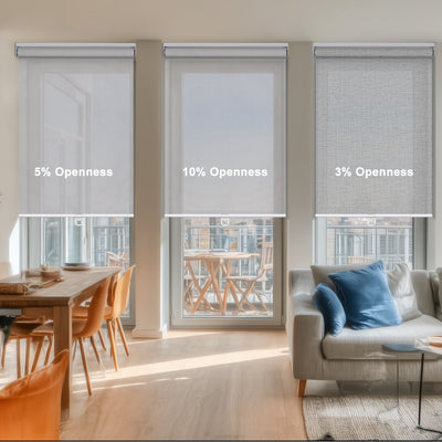 Sulugood Spring Cordless Different Light Transmittance  Sunweave  Fabric Roller Shades in different openness levels.