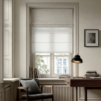 Sulugood Cordless Day and Night Elegant Light Control for Modern Homes Roman Shades in a stylish room.