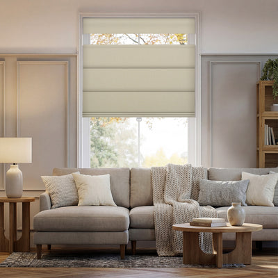 Sulugood No Drill Double Sided Linen Blackout Top Down and Bottom Up Roman Shades in a cozy living room setting.