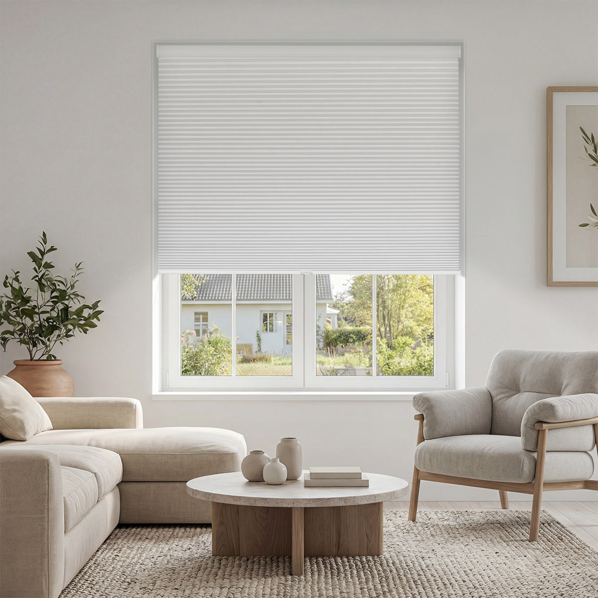 Sulugood Classic Cordless Adjustable Blackout Light Filtering Cellular Shade in a modern living room setting.