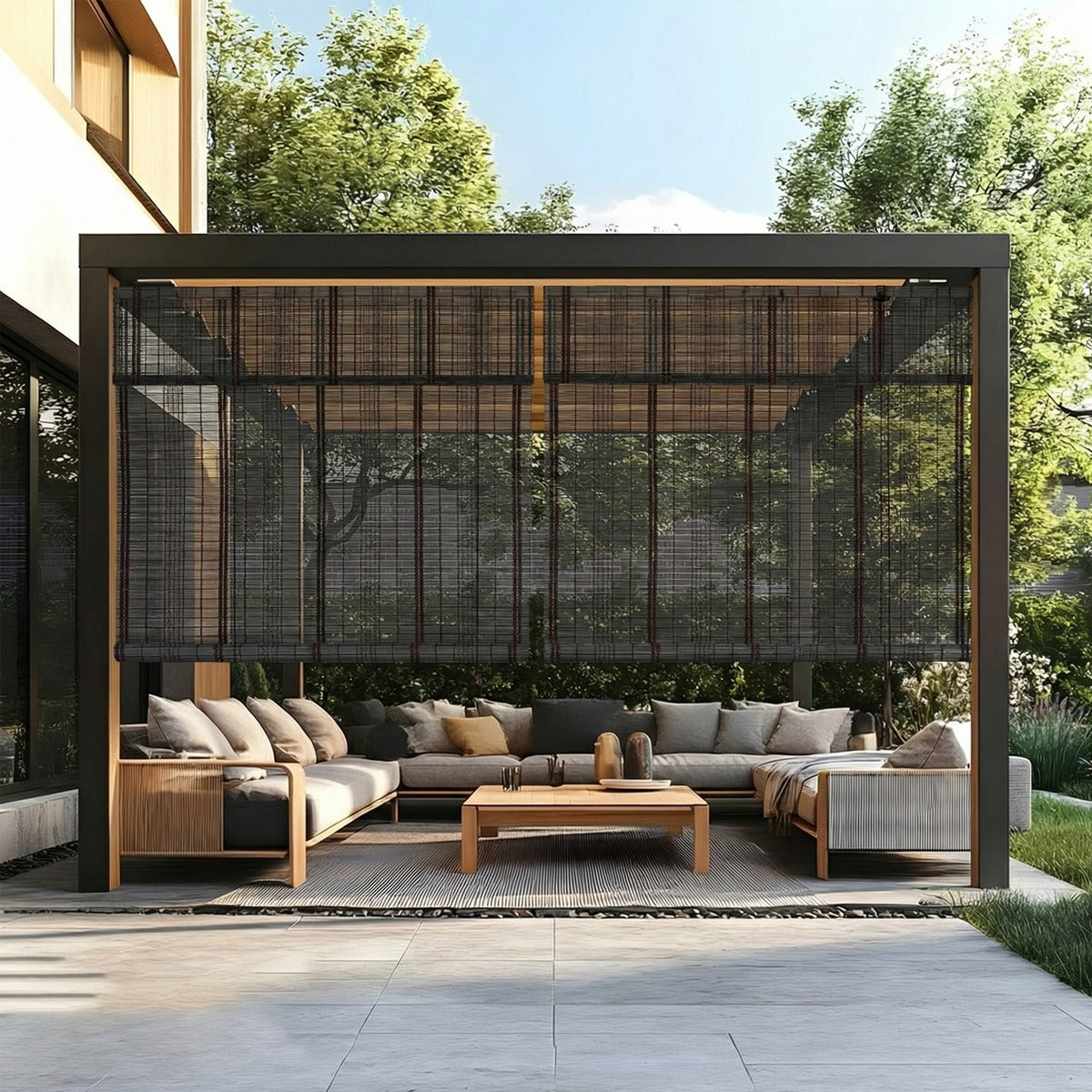 Sulugood Premium Black Hand-Woven Weather Resistant Outdoor Bamboo Shades enhancing a stylish outdoor living area.