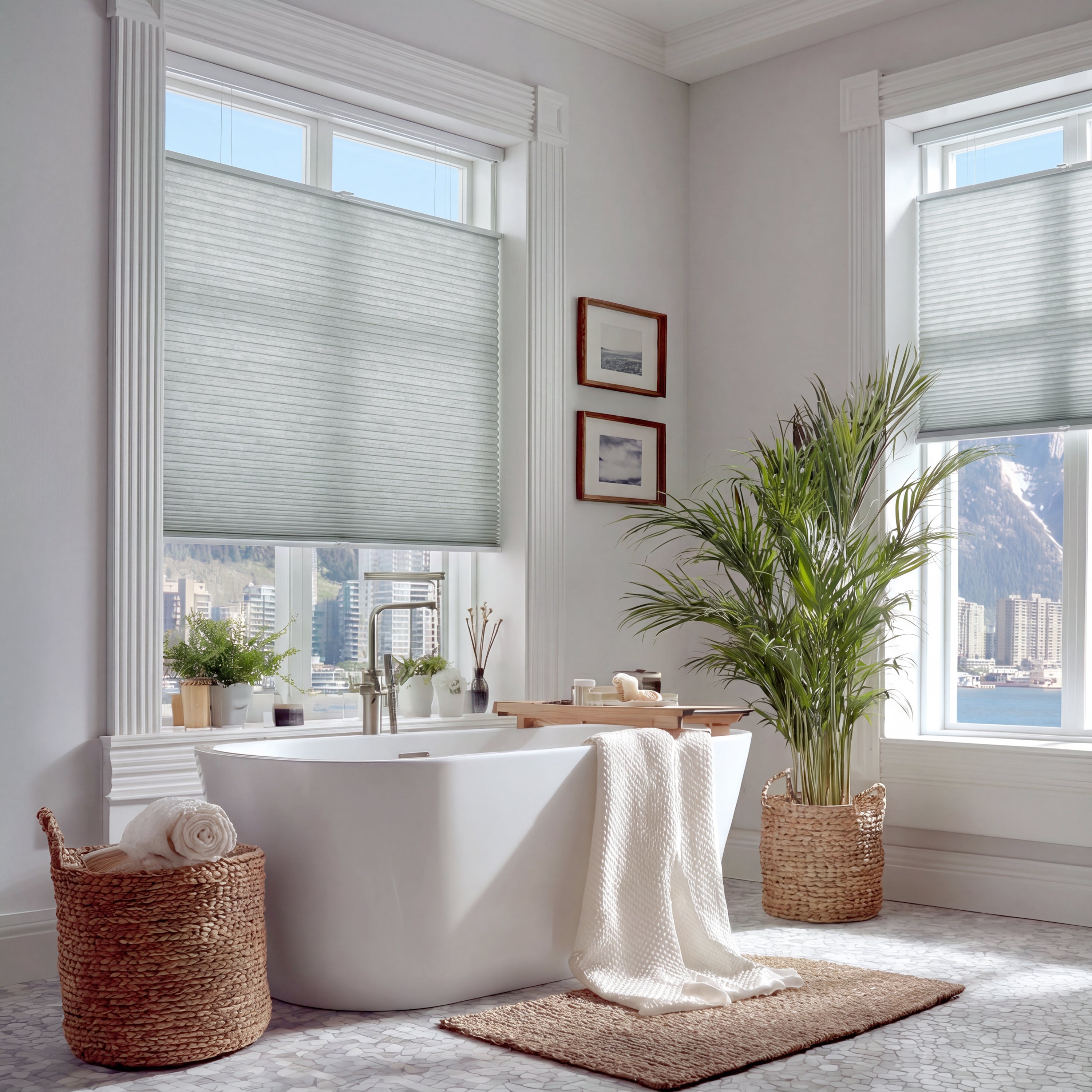 Sulugood New Arrival No Drill Top Down Bottom Up Cellular Honeycomb Blinds Cell In Cell Design in a bright bathroom setting.