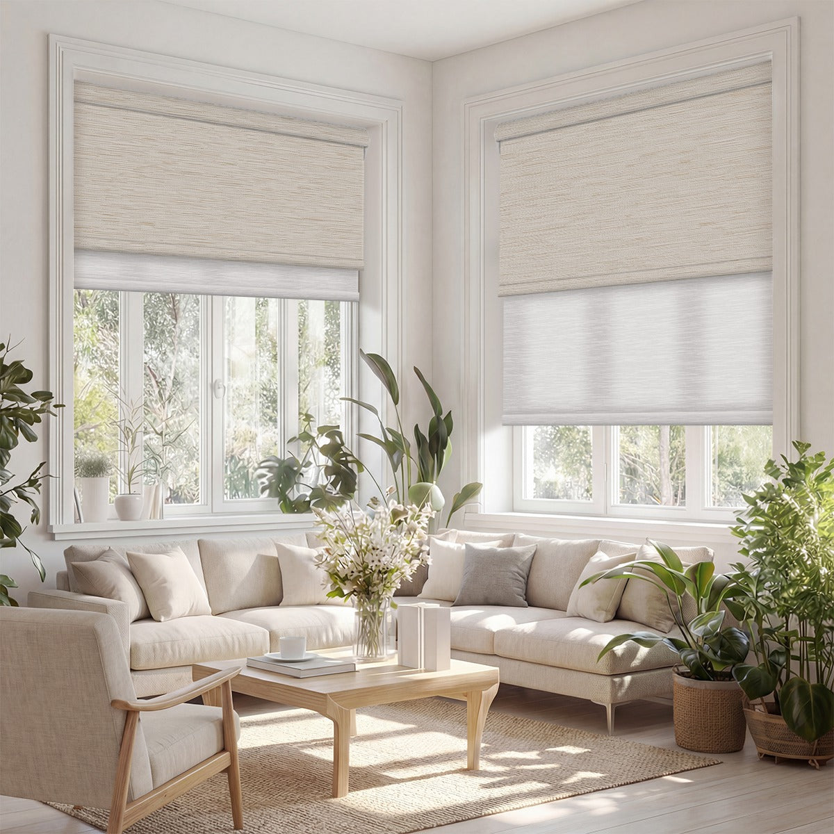 Sulugood Custom Cordless Blackout Light Filtering Dual Roller Shades with Cassette Valance