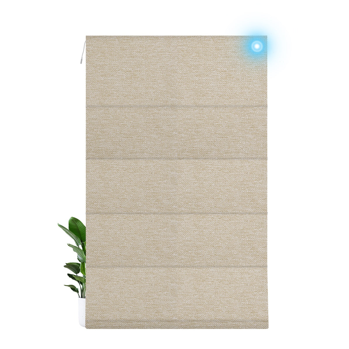 Sulugood Smart Motorized Blackout Light Filterling Roman Shades with cordless lift control and remote functionality.