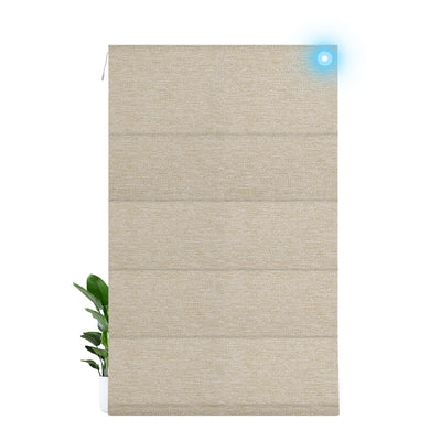 Sulugood Smart Motorized Blackout Light Filterling Roman Shades with cordless lift control and remote functionality.