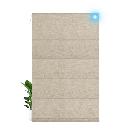Sulugood Smart Motorized Blackout Light Filterling Roman Shades with cordless lift control and remote functionality.