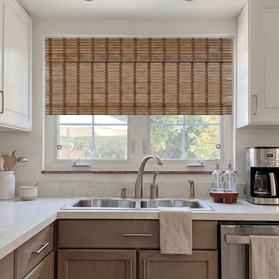 Sulugood Warm Natural Cordless Blackout Light Filtering Bamboo Roman Shades in a stylish kitchen window.