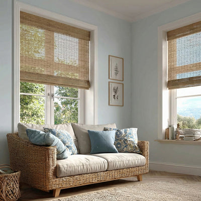 Sulugood Natural Cordless Light Filtering Bamboo Roman Shades enhancing a cozy living room with natural light.