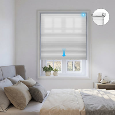 Sulugood No Drill Motorized Day Night Cellular Blinds Remote & App Control in modern bedroom with light filtering shade.