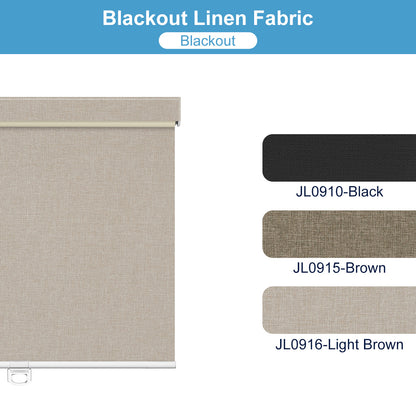 Blackout linen fabric roller shade in light brown with black and brown fabric swatches