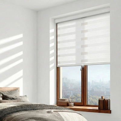 Sulugood Custom Cordless Light-Filtering Zebra Shades with Cover & Handhold in a modern bedroom window.