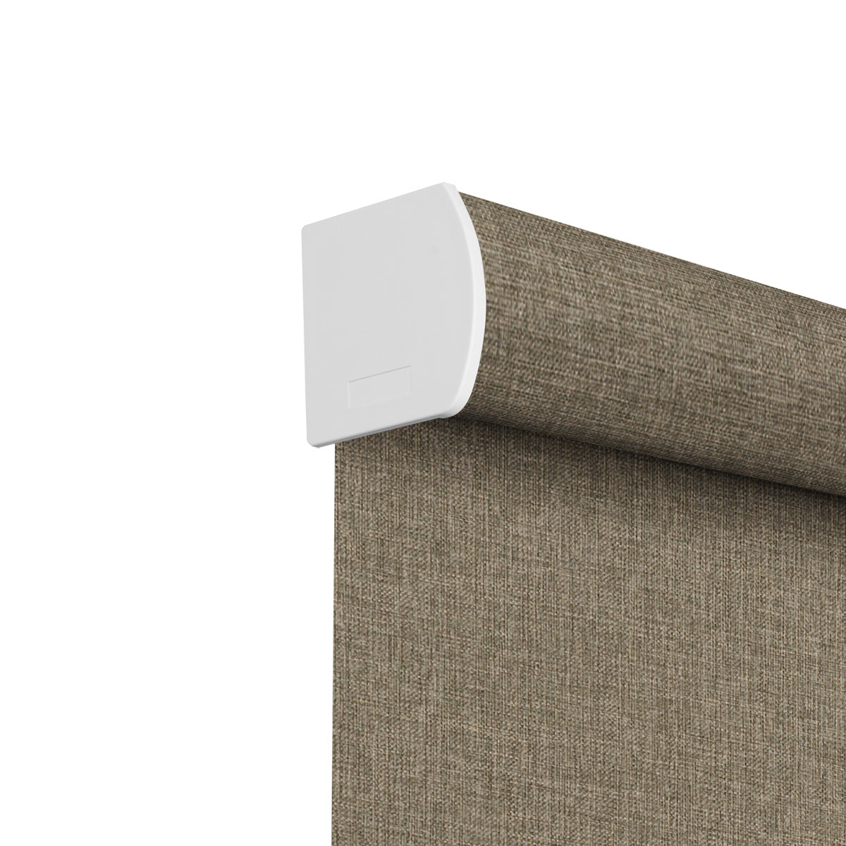 Sulugood Hand-Held Linen-Wrapped Cassette Valance Roller Shades close-up view of roller mechanism and fabric.