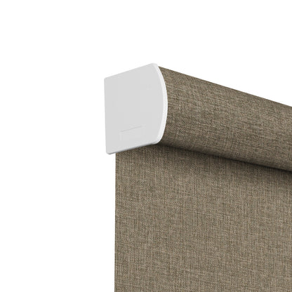 Sulugood Hand-Held Linen-Wrapped Cassette Valance Roller Shades close-up view of roller mechanism and fabric.