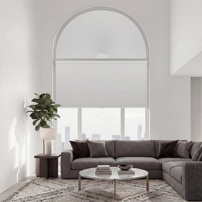 Sulugood New No Drill Arch Half Circle Cordless Cellular Shades installed in a modern living room.