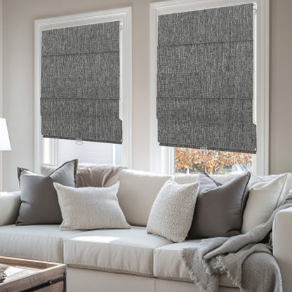 Sulugood No Drill Linen Fabric Cordless Roman Shades in a stylish living room setting with a cozy sofa.