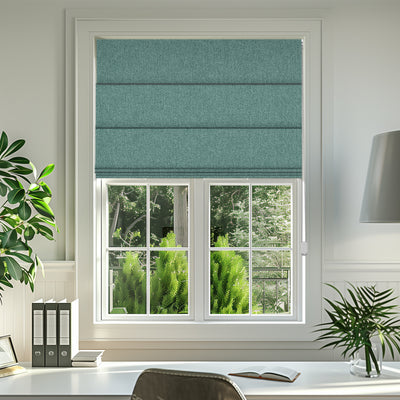Sulugood Casual Pleated Blackout Roman Shades in a modern room with plants and natural light.