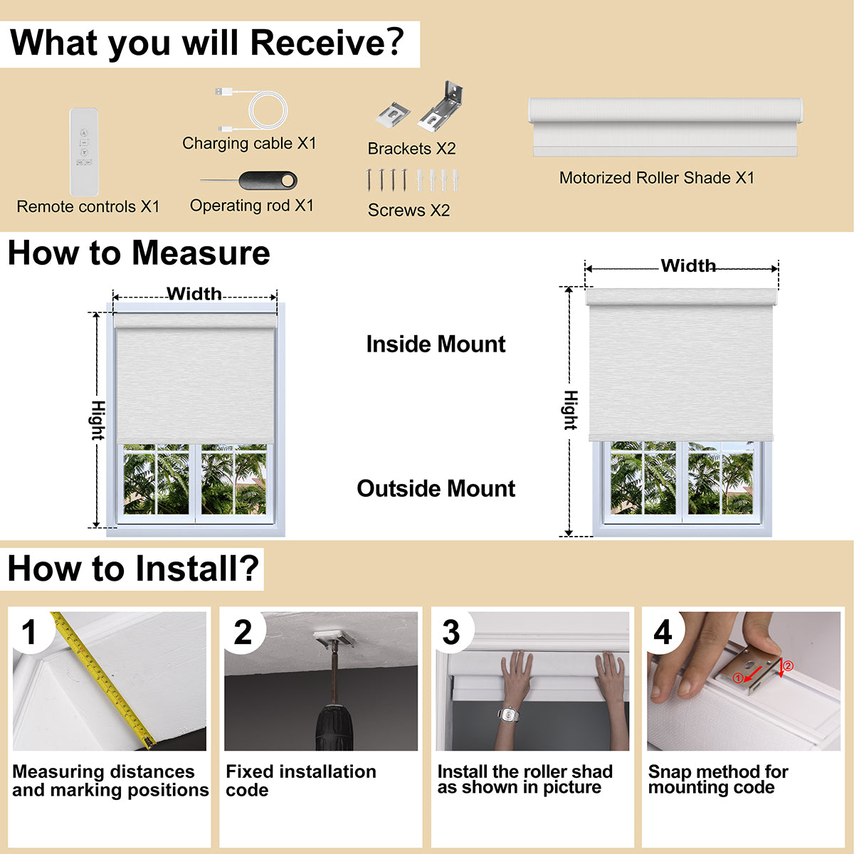 Sulugood Motorized Cordless Remote Control Blackout Light Filterling Roller Shades