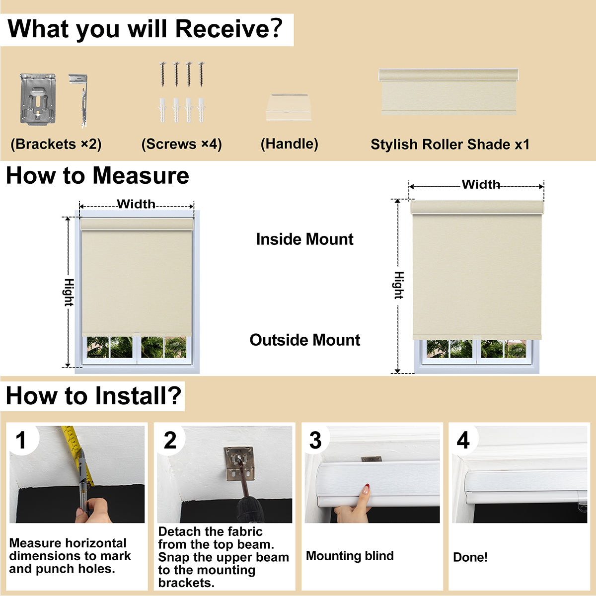 Sulugood Premium Blackout Light Filtering Cassette Roller Blinds with Same Color End Caps installation and measurement guide.
