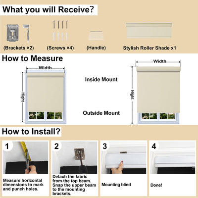 Sulugood Premium Blackout Light Filtering Cassette Roller Blinds with Same Color End Caps installation and measurement guide.