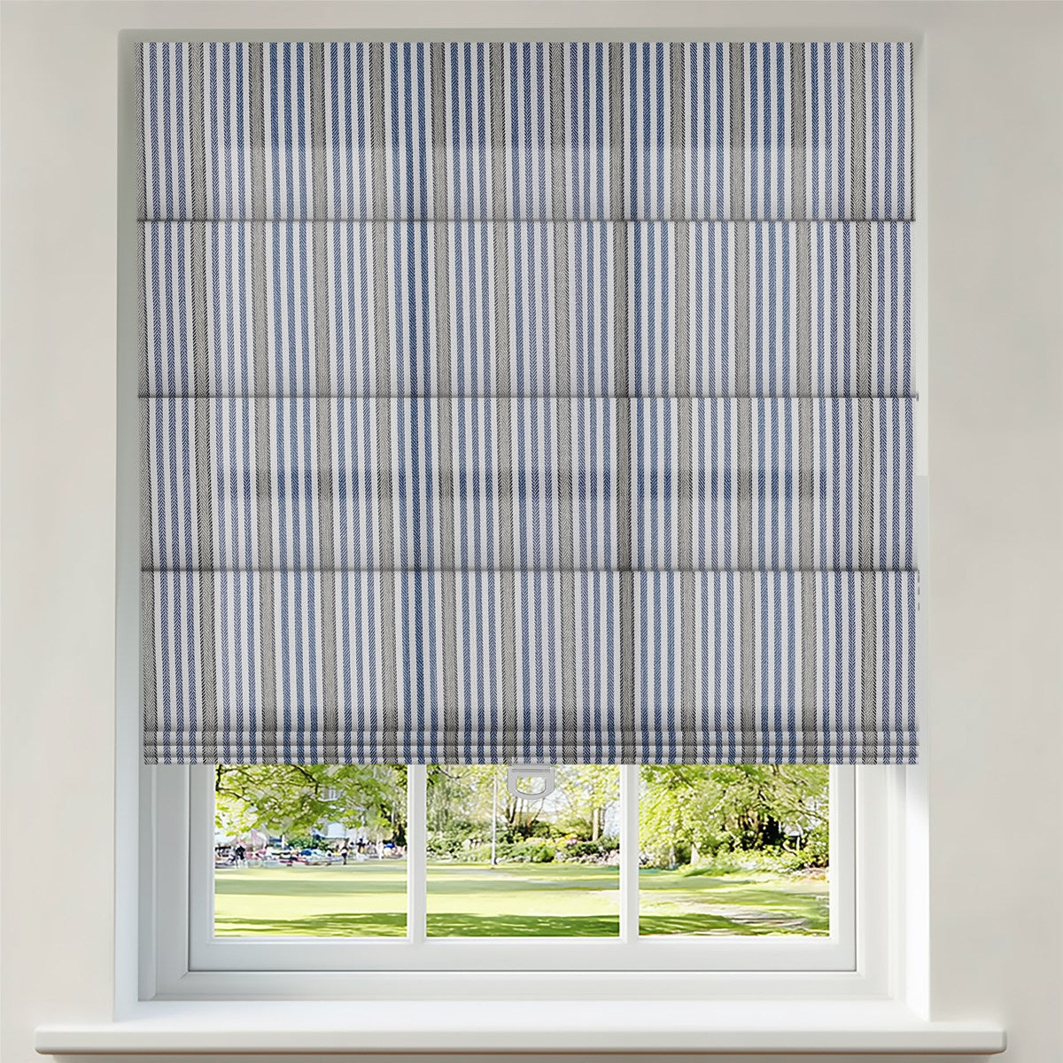 Sulugood Custom Square Stripe Light Filtering Cordless Roman Shades in a stylish window setting.