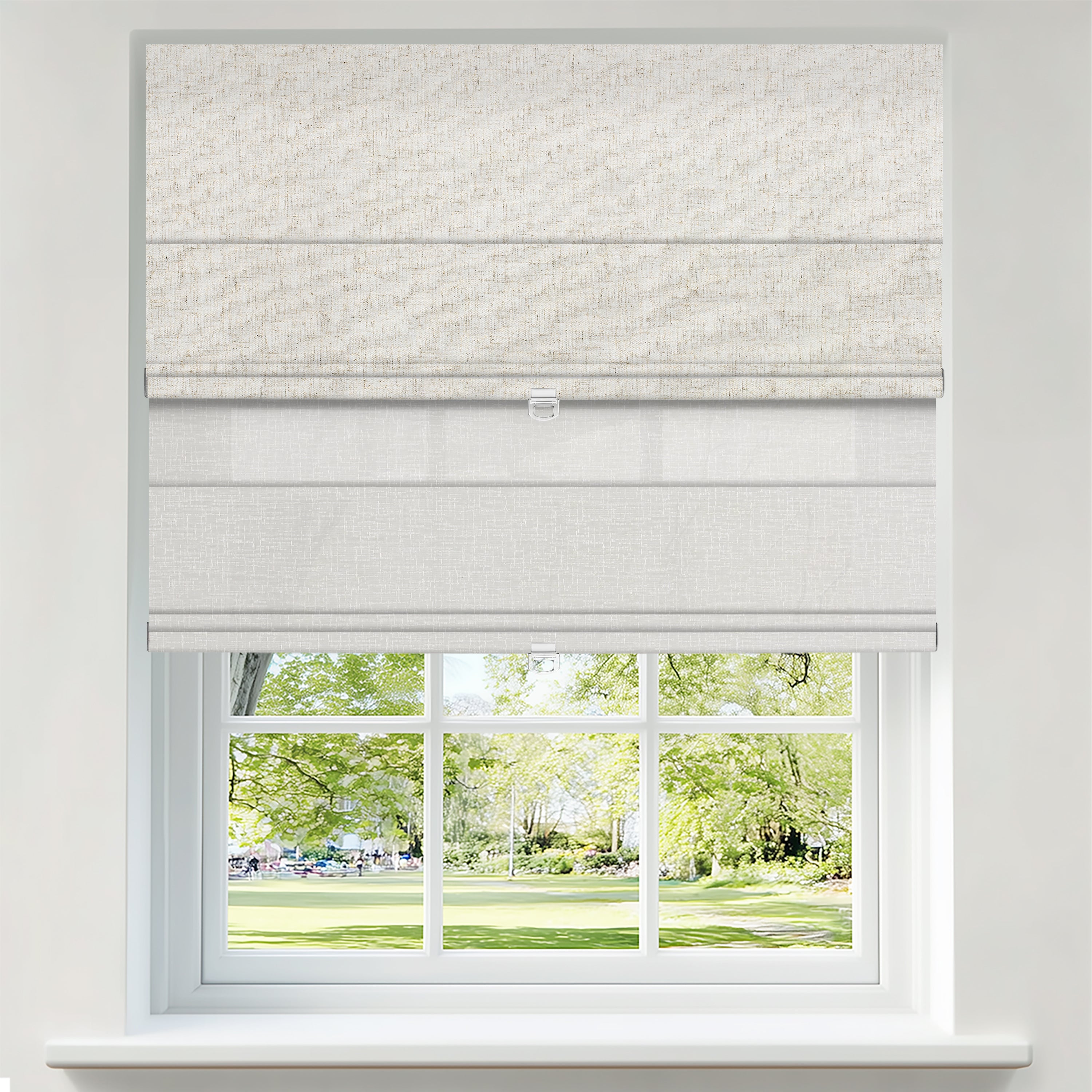 Sulugood Cordless Day and Night Elegant Light Control for Modern Homes Roman Shades in a sunny window.