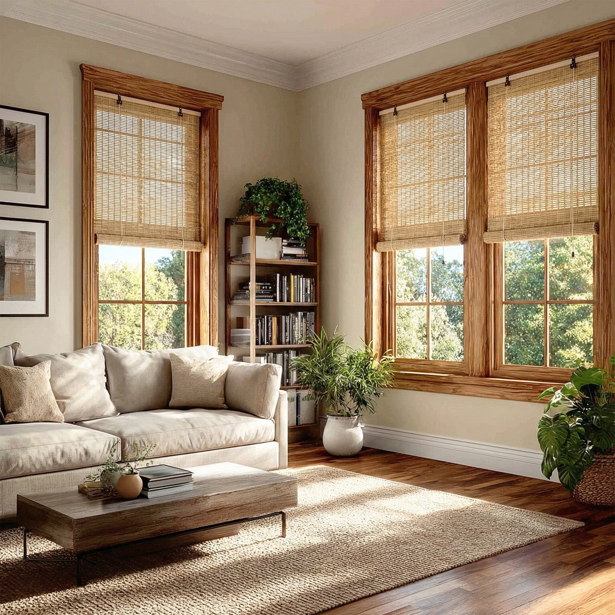 Sulugood Weather Resistant Light Filtering Cord Operated Outdoor Bamboo Shades in a spacious living room with natural light.