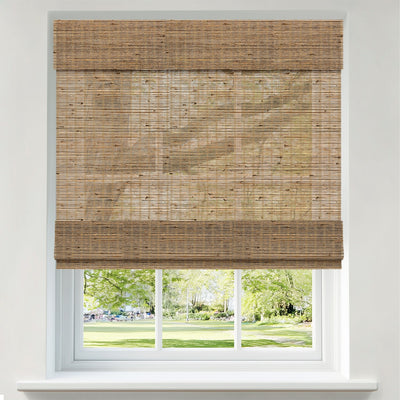 Sulugood Natural Cordless Light Filtering Bamboo Roman Shades in a window, showcasing natural light filtering.