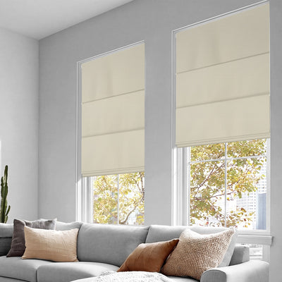 Sulugood No Drill Linen Fabric Cordless Blackout Roman Shades installed in a modern living room with natural light.
