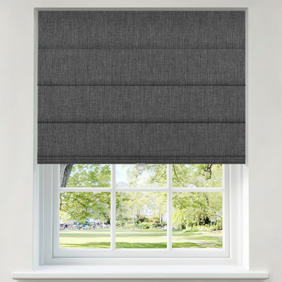 Sulugood No Drill Linen Fabric Cordless Blackout Roman Shades installed in a window, offering total privacy and elegance.