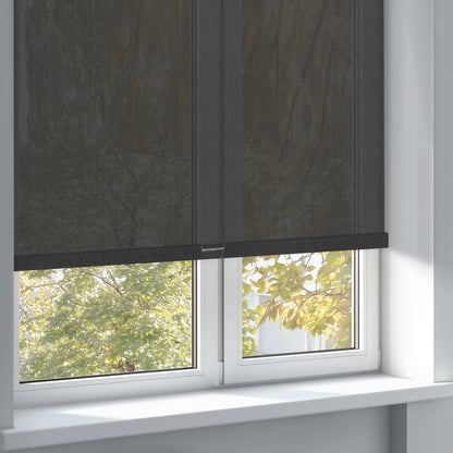 Sulugood Clearer Outdoor View Sunweave Fabric Roller Shades installed on a window with a view of greenery.