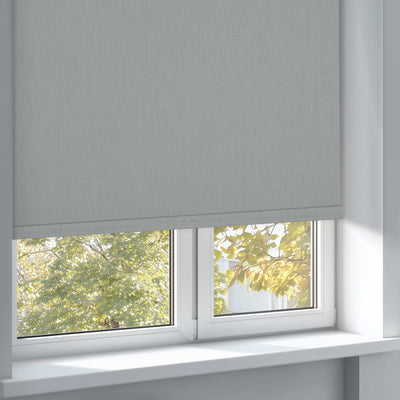 Sulugood Paceful Cross-patterned Double-Sided Same Colored Blackout Linen Roller Shades in a cozy window setting.