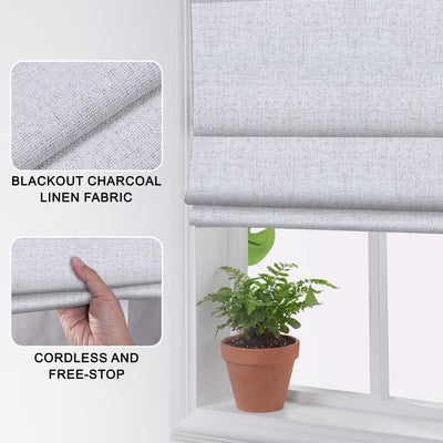 Sulugood No Drill Cordless Textured Charcoal Linen Blackout Roman Shades