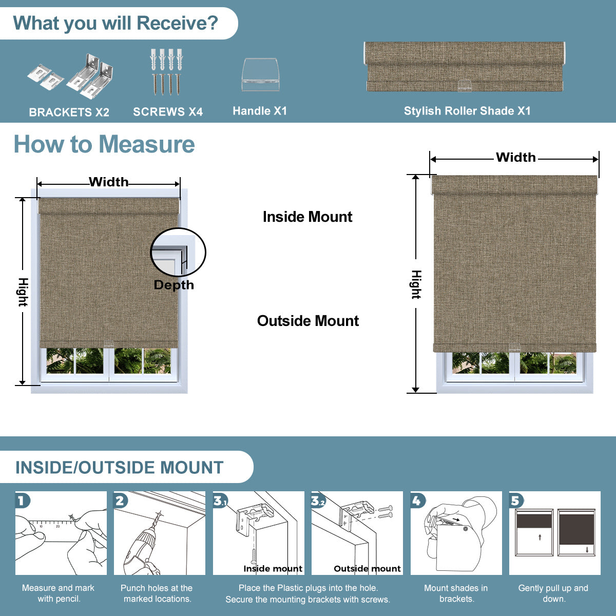Diagram showing instructions for Sulugood Hand-Held Linen-Wrapped Cassette Valance Roller Shades installation and measurement.